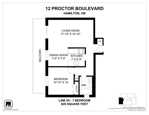 A floor plan for a one bedroom apartment at 12 Proctor Boulevard in Hamilton, Ontario.